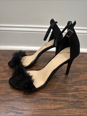 Black Feather Trim Ankle Strap Stiletto Heels